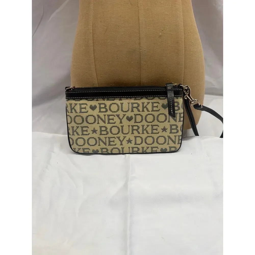 Dooney & Bourke Logo Wristlet – Beige DB Print – Black Strap – Red Interior